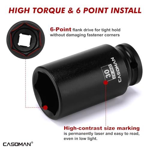 CASOMAN 14PCS 1/2" Drive Deep Impact Socket Set, Metric, 6-Point, CR-MO, 10mm to 32mm, for Auto Repair, Mechanic, with Portable Case, Easy-to-Read Size Markings, Rugged Construction - size: 10mm to 32mm