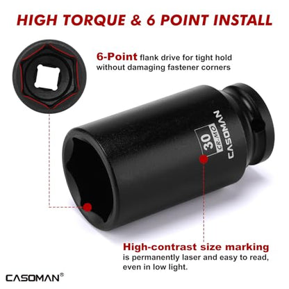 CASOMAN 14PCS 1/2" Drive Deep Impact Socket Set, Metric, 6-Point, CR-MO, 10mm to 32mm, for Auto Repair, Mechanic, with Portable Case, Easy-to-Read Size Markings, Rugged Construction - size: 10mm to 32mm