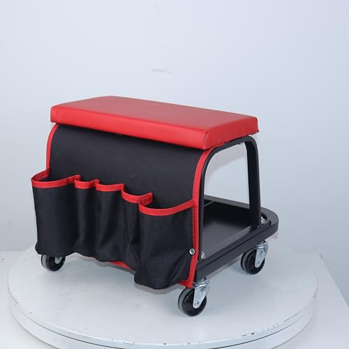 Rolling Mechanic Garage Stool on Wheels with Padded Cushion, Tool Tray Storage and Side Pockets, 300 LBS Capacity, Red - color: Red