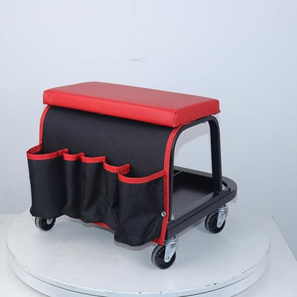 Rolling Mechanic Garage Stool on Wheels with Padded Cushion, Tool Tray Storage and Side Pockets, 300 LBS Capacity, Red - color: Red