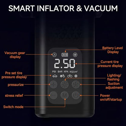 5-in-1 Cordless Car Vacuum and Tire Inflator, 150 PSI Air Compressor | Auto Shut-Off, Blower, LED Light, Portable, Cordless