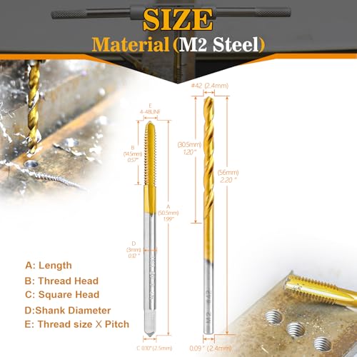 4-48 UNF Tap and #42 Drill Bit Kit for Metal,M2 HSS Drill and Tap Set | Combination of Drill and Tap Kit for Metal - size: 4-48 UNF Tap - #42 Drill