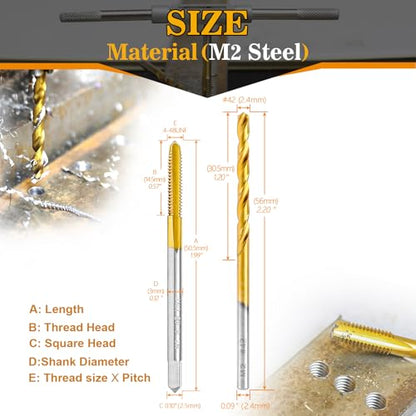 4-48 UNF Tap and #42 Drill Bit Kit for Metal,M2 HSS Drill and Tap Set | Combination of Drill and Tap Kit for Metal - size: 4-48 UNF Tap - #42 Drill