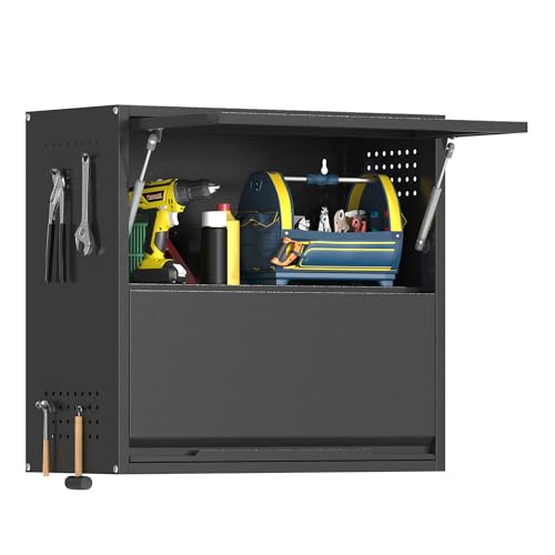 Metal Garage Wall Cabinet with Up-Flip Door, Black Float Tool Cabenit with 2 Doors,Upper Storage Cabinets with Pegboard for Kitchen,Garage,Workshop,Warehouse (25.6" H,Black) - color: Black, size: 25.6"H Wall Cabinet(2-Door)