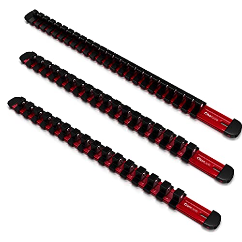 Olsa Tools 3-Pc Set Aluminum Socket Organizer | Locking End Caps | 1/4-Inch, 3/8-Inch, 1/2-Inch Drive Socket Holders with 24, 18, 16 Clips Each (Red) - color: Red, size: 3pc, 1/4, 3/8, & 1/2-Inch Drive