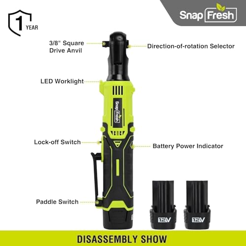 SnapFresh 12V Electric Ratchet Cordless, 3/8" with 9 Socks & 1/4" Adapter | UL Certificated Battery & Charger, 55Ft-lbs Torque,0-220RPM Speed Control, 2 Battery, 50-min Runtime, Cordless Ratchet Wrench