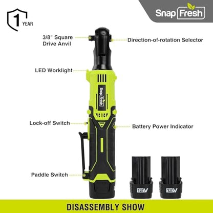 SnapFresh 12V Electric Ratchet Cordless, 3/8" with 9 Socks & 1/4" Adapter | UL Certificated Battery & Charger, 55Ft-lbs Torque,0-220RPM Speed Control, 2 Battery, 50-min Runtime, Cordless Ratchet Wrench