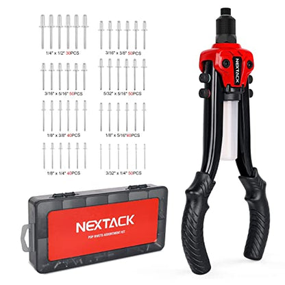 NEXTACK Rivet Gun Kit with 350 Blind Rivets, Heavy Duty Two-Handed 1/4” Pop Rivet Gun Set (NT300), 5 Nosepieces, Built-in Shaft Catcher for Van, Gutter & Automotive - size: 1/4 Rivet Gun w/ 350 Rivets