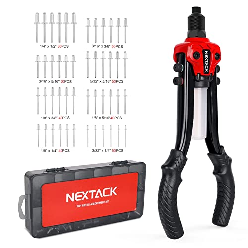 NEXTACK Rivet Gun Kit with 350 Blind Rivets, Heavy Duty Two-Handed 1/4” Pop Rivet Gun Set (NT300), 5 Nosepieces, Built-in Shaft Catcher for Van, Gutter & Automotive - size: 1/4 Rivet Gun w/ 350 Rivets