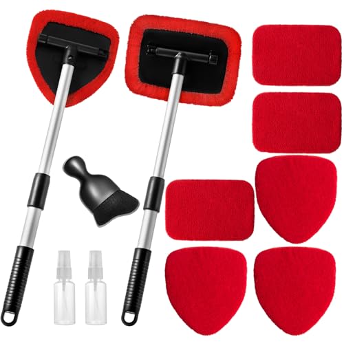 Qydipclin 11pcs Windshield Cleaner Tool, Car Window Cleaning Wash Kit with 6 Reusable Microfiber Pads 2 Spray Bottles and Extendable Handles Auto Glass Wiper Kit, Red - color: Red