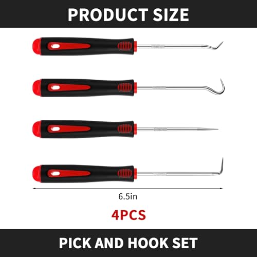 4 Pc Pick & Hook Set,Precision Automotive Tool for Oil Seal O-Ring Remover | 6.5 Inch Stainless Steel Hooks with Non-Slip Handle for Car Repair,Gaskets,Hose,Practical Tool Gifts for Men