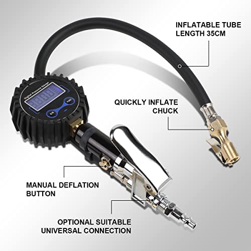 DNA Motoring Digital Tire Inflator 2.5" Pressure Gauge, 200 PSI Air Chuck, Compressor Accessories Heavy Duty, w/ 18in Rubber Tube & Quick Connect Coupler, TOOLS-00084