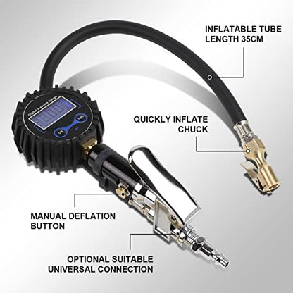 DNA Motoring Digital Tire Inflator 2.5" Pressure Gauge, 200 PSI Air Chuck, Compressor Accessories Heavy Duty, w/ 18in Rubber Tube & Quick Connect Coupler, TOOLS-00084