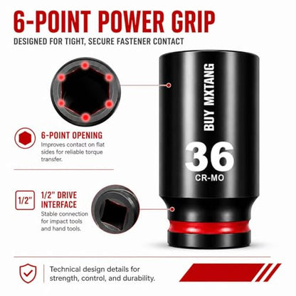 12 PCS 1/2''Drive Deep Impact Socket Set,Extended Socket Set, 6-Point Metric Size 27mm, 28mm, 29mm, 30mm, 32mm, 33mm, 34mm, 35mm, 36mm, 38mm, 39mm, 41mm Socket, Cr-Mo Steel,Heavy Duty Socket Set - size: 1/2 12PCS Socket Set Metric