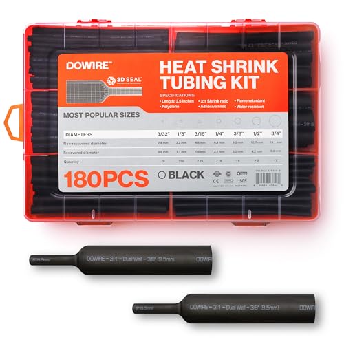 Dowire Marine Heat Shrink Tubing Kit - 3:1 Adhesive Lined, Black, 180 PCS | Marine heat shrink tubing, adhesive lined 3:1 ratio, electrical wire wrap, heavy-duty waterproof cable repair - color: Black, size: Kit (Assorted Sizes) - 180 PCS