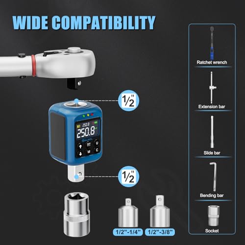 Digital Torque Adapter 1/2" Drive, 3.7-250.8 Ft-lb/5-340 Nm | Digital Torque Wrench Converter, ±2% Accuracy, Buzzer&LED Indicator, 2 Modes, 4 Units, 10 Presets, 2 Adapters for Car, Moto - size: 3.7-250.8Ft-lb/5-340Nm