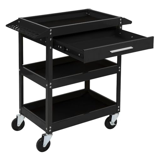 TUFFIOM 3 Tier Rolling Tool Cart with Drawer, Tool Service Cart on Wheels w/2 Brake, 330 LBS Capacity Industrial Heavy Duty Utility Cart, Tool Organizer for Mechanic, Garage, Warehouse & Repair Shop - color: Black(w/Drawer)