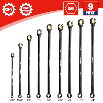 WORKPRO Extra Long Ratcheting Wrench Set, 9-Piece Anti-Slip Double Box Wrenches Set, SAE 5/16-3/4 in, 72-Teeth, Cr-V Steel and Black Electrophoretic Coating Wrenches with Rolling Pouch - size: SAE