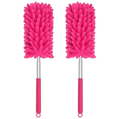 Mini Duster for Cleaning, 360° Bendable Hand Dusters with Extension Pole, Washable Small Duster for Car Interior, Office, Furniture - color: 2 Pack Red
