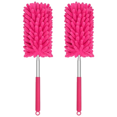 Mini Duster for Cleaning, 360° Bendable Hand Dusters with Extension Pole, Washable Small Duster for Car Interior, Office, Furniture - color: 2 Pack Red