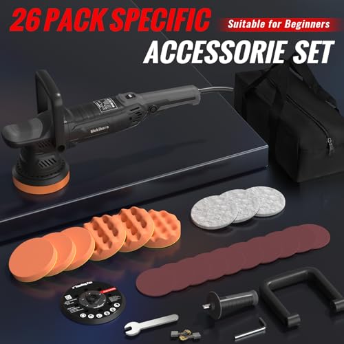 Car Buffer Polisher, 5 Inch Random Orbital Car Polisher, 1600W 6 Variable Speed 600-3600 RPM, 26Pcs Attachments, Polisher for Car Detailing, Boat Sanding, Scratch Removing