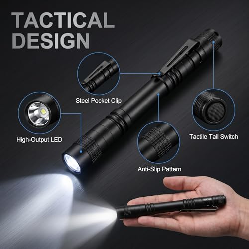 4-Pack Mini Flashlight, Powerful Small Led Pocket Flashlights with Clip | 2×AAA Battery Powered Portable Pen Light for Emergency Repair Camping Walking and Outdoor, 5.2" (Battery Not Include Long) - size: Long