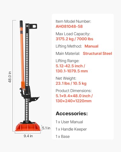 VEVOR Farm Jack with Base, 48" Utility High Lift Farm Jack, 3.18 Ton (7,000 lbs) Capacity Ratcheting Off Road Utility Jacks, Heavy-Duty Lift Jacks with 5.12"-42.5" Lifting Range for Tractor, Truck,SUV - size: 48 inch with Base