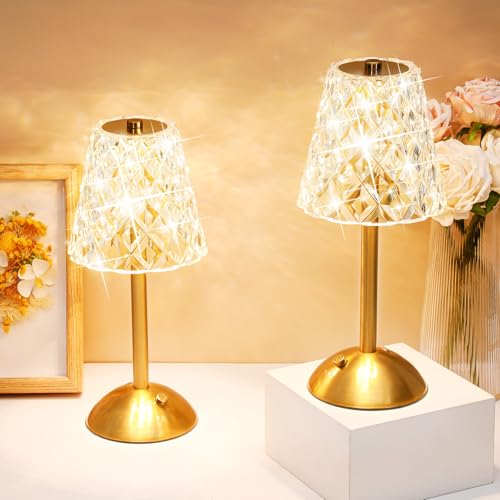 Liliful 2 Pcs Cordless Table Lamp Rechargeable Touch LED Small Gold Portable Battery Operated USB-c Desk Lamp 3 Color Dimmable for Bedroom Living Room Dining (Gold,Diamond Style) - color: Diamond Style, size: Gold