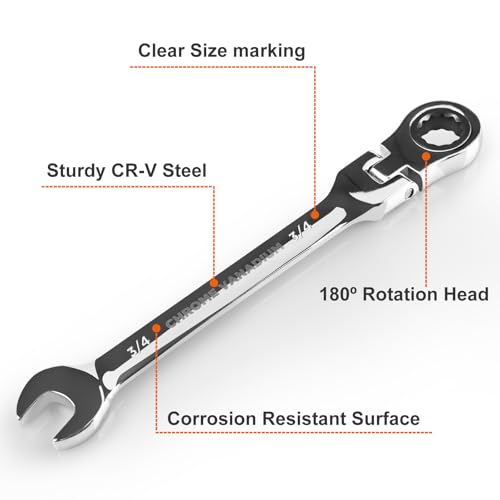 Egofine 3/4 Inch Ratchet Wrench Flex Head, Ratcheting Combination Wrench SAE, Industrial Grade Gear Spanner with 12 Point Box End, 72-Teeth Ratchet, Chrome Vanadium Steel - style: 3/4"