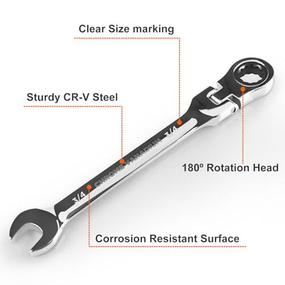 Egofine 3/4 Inch Ratchet Wrench Flex Head, Ratcheting Combination Wrench SAE, Industrial Grade Gear Spanner with 12 Point Box End, 72-Teeth Ratchet, Chrome Vanadium Steel - style: 3/4"