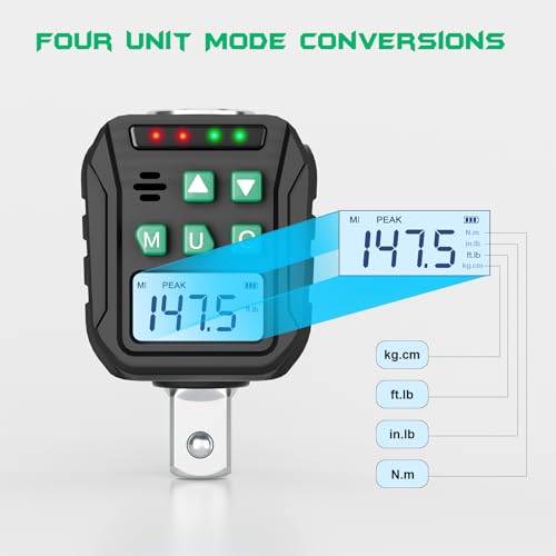 1/2-Inch Digital Torque Adapter, 7.38-147.5 Ft.lb/10-200 N.m, Electronic Torque Wrench Converter with ±2% Accuracy, Preset Function, Data Storage, 3/8” & 1/4” Adapter for Bike, Moto, Car - size: 7.38-147.5 Ft-lb/10-200 Nm