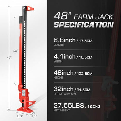 DNA Motoring 48'' Universal Farm Jack 3 ton 6600lbs Capacity Utility High Lift Farm Jack Ratcheting Off Road Jack for Car Truck Tractor SUV ATV UTV TOOLS-00765