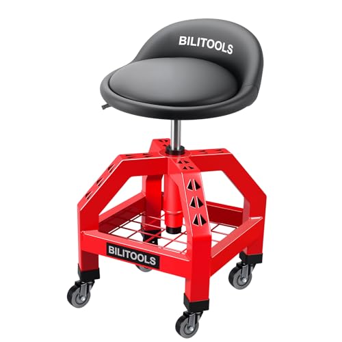 BILITOOLS Rolling Shop Stool with Wheels, Adjustable Mechanic Seat | Garage Chair with 21.5"-29.5" Height, 330 lb Capacity, 360° Swivel Padded Seat, Backrest, Casters and Tool Shelf