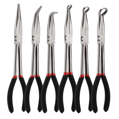 Mayouko 6PCS Extra Long Reach Pliers Set, 11" Straight, 45 and 90 Bent Nose, 5/16", 1/2" and 3/4" Circle Nose Pliers - style: 6PCS