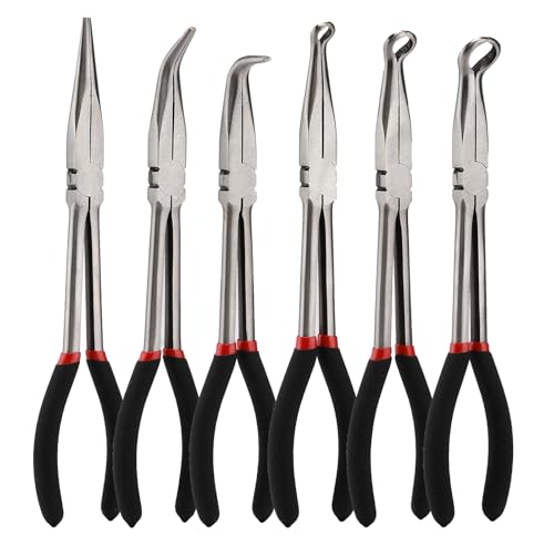 Mayouko 6PCS Extra Long Reach Pliers Set, 11" Straight, 45 and 90 Bent Nose, 5/16", 1/2" and 3/4" Circle Nose Pliers - style: 6PCS