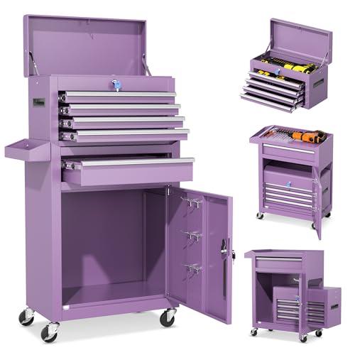 INTERGREAT 5 Drawer Tool Chest with Wheels, Rolling Tool Chest with Enhanced Packaging, Tool Storage Organizer Cabinets with Lock&Key for Garage, Workshop (Purple) - color: Purple, size: 5 Drawers
