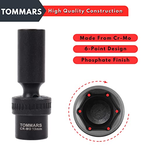TOMMARS 3/8" Drive Universal Swivel Impact Socket Set Deep, 6 Point Wobble Flexible Socket Set Metric 10-19 mm CR-MO Steel | Deep 6 Point, Wobble Flexible, Metric, CR-MO Steel