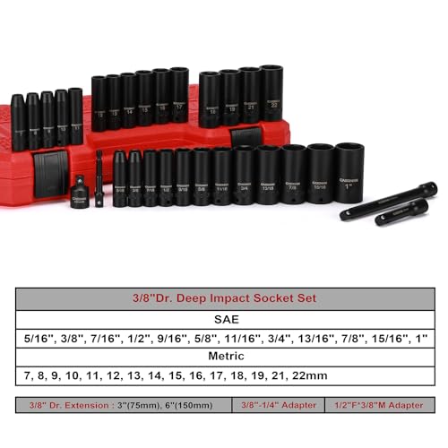 CASOMAN 3/8-Inch Deep Impact Socket Set, Metric & SAE, 31Piece Socket Set, CR-V, Includes Extension Bar (3, 6-inch) & Adapters, Heavy Duty Storage Case - size: 3/8"Drive 31pcs Impact Socket Set