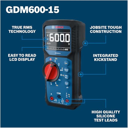 BOSCH GDM600-15 Digital Multimeter, True RMS Electrical Tester, CAT III 600V AC/DC Voltmeter and Amp Meter with Temperature, Capacitance, IP65 Rated, for HVAC, Automotive, and Electrical Use