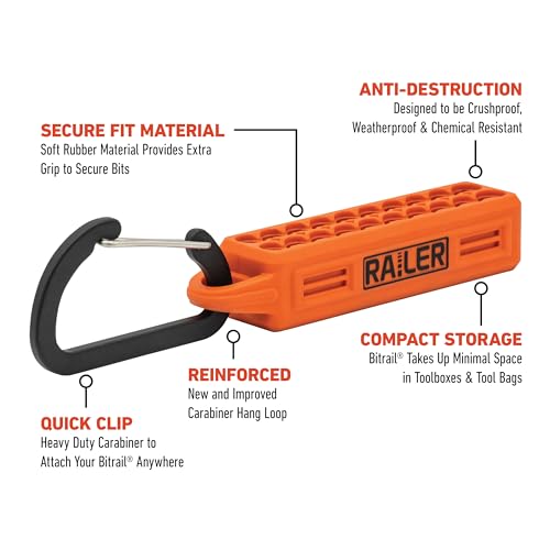 Railer 20pc Impact Driver Bit Set - Premium S2 Steel Screwdriver Bits with Torx, Hex, Phillips, Square & Slotted - Heavy Duty 1/4" Hex Shank Bits with Crushproof Storage Bit Holder & Carabiner Clip - color: Black Bitrail