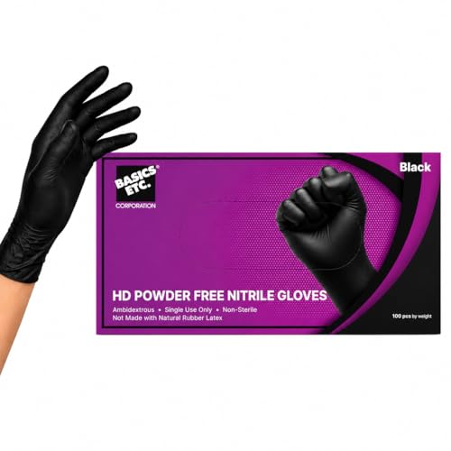 Basics Etc 6.5 Mil Heavy Duty Latex-Free Disposable Nitrile Gloves, Powder Free, Fully Textured Grip, Black, 100 Count - size: Medium