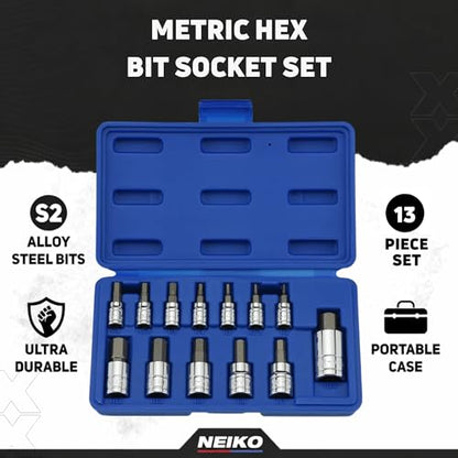 NEIKO 10074A Metric Hex Bit Socket Set | 13-Piece Set | S2 and Cr-V Steel | 1/4-Inch, 3/8-Inch and 1/2-Inch Drive | 2mm to 14mm - size: 13 Piece, style: Allen Hex Bit