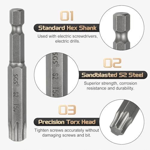HARFINGTON 3pcs T50 Torx Head Screwdriver Bit 1/4" Hex Shank 2.6" (65mm) Long Magnetic No Hole Tip Tamper Proof 6 Point Star Screw Driver Drill Bits S2 Steel Industrial Power Screwdrivers - size: T50 x 2.6"(65mm)