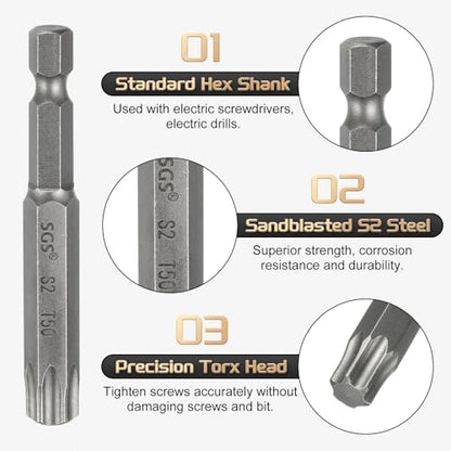 HARFINGTON 3pcs T50 Torx Head Screwdriver Bit 1/4" Hex Shank 2.6" (65mm) Long Magnetic No Hole Tip Tamper Proof 6 Point Star Screw Driver Drill Bits S2 Steel Industrial Power Screwdrivers - size: T50 x 2.6"(65mm)
