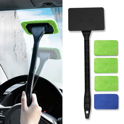 Car Windshield Cleaning Tool, Microfiber Window Cleaner with Long Handle & 4 Washable Reusable Cloth Pads, Auto Home Glass Wiper for Interior Exterior