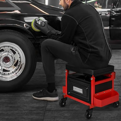 Magshion Rolling Garage Stool with Built-in Toolbox & Holder – 350 Lbs Capacity Padded Mechanic Seat with Wheels for Workshop, Auto Repair & Shop Use (Red)