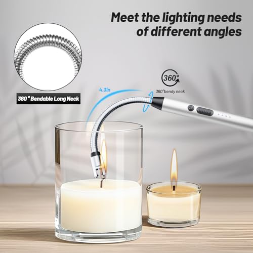 VEHHE Electric Candle Lighter, Plasma Arc Windproof BBQ Lighters with Touch Lock, Electric Lighter USB C Rechargeable with 360° Flexible Neck for Fireworks Camping Festivals (Silver) - color: Silver