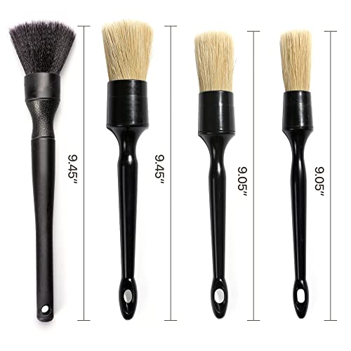 Car Detailing Brush Soft Boars Hair, 4PCS Auto Detail Dust Brushes, Perfect for Washing Dusting Automotive Interior Upholstery Interior Emblems, Air Vent, Vehicle Seat, Cleaning Exterior Grille Wheel