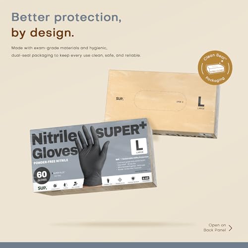 SUPER+ Black Nitrile Gloves HEAVY DUTY 6 Mil Disposable Chemical Resistant Powder & Latex Free Medical Food Safe, 60/600 Ct - color: Large (Iron Grey)