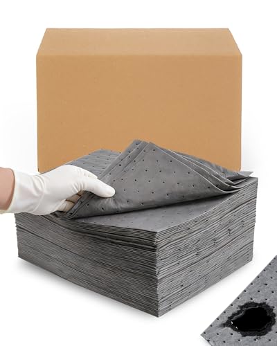 13.5"x17.5" Oil Absorbent Pads 100 Pack | Heavy & Fast Absorb | Reusable & Trimmable Lightweight Pads that Absorb Oil, Water, Coolant & Solvents for Workshops, Garages & Kitchen Drains - size: 13.5x17.5 Inch